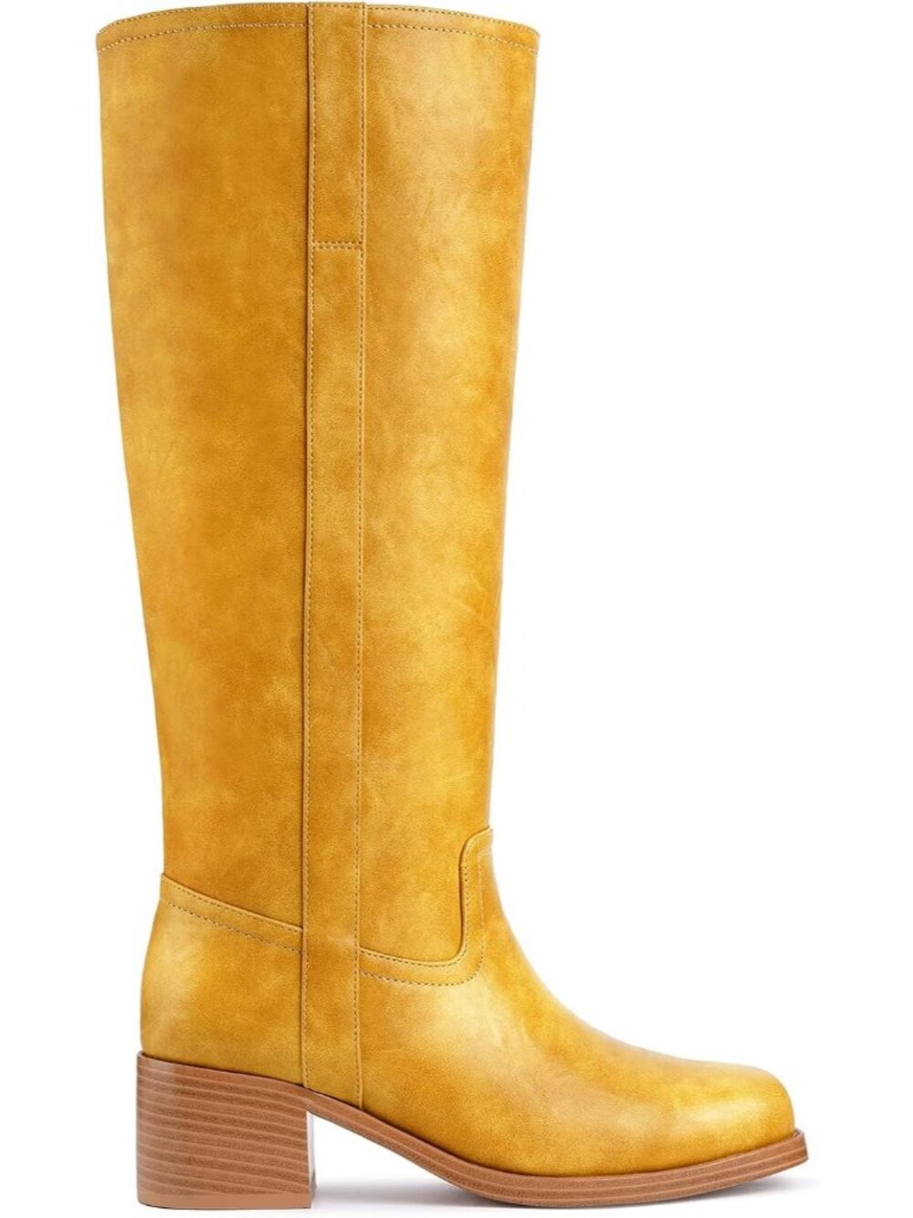Women Banana Yellow Square Toe Chunky Block Heel Wide Calf Riding Knee High Boot